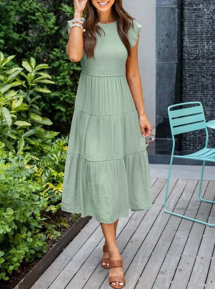 Women's Tiered Maxi Dress Cap Sleeve Tummy Control | Summer - Light Green