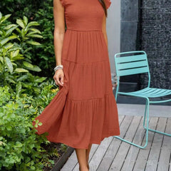 Women's Tiered Maxi Dress Cap Sleeve Tummy Control | Summer - Orange