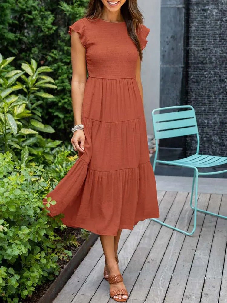 Women's Tiered Maxi Dress Cap Sleeve Tummy Control | Summer - Orange