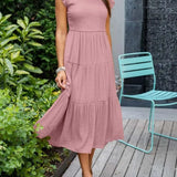 Women's Tiered Maxi Dress Cap Sleeve Tummy Control | Summer - Pink