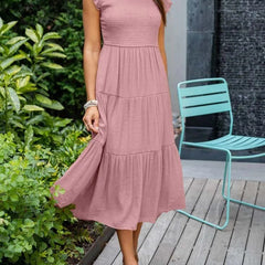 Women's Tiered Maxi Dress Cap Sleeve Tummy Control | Summer - Pink