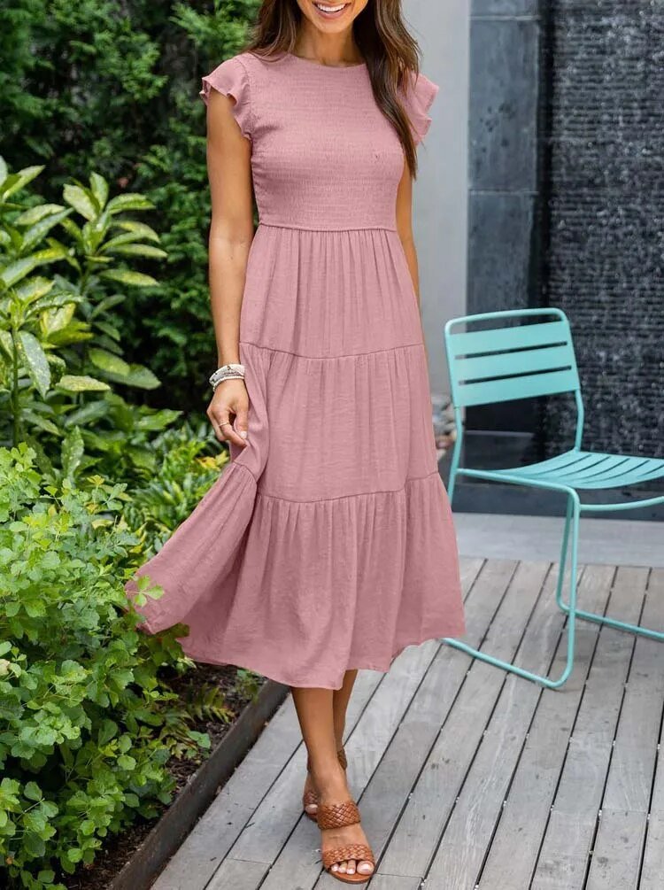 Women's Tiered Maxi Dress Cap Sleeve Tummy Control | Summer - Pink
