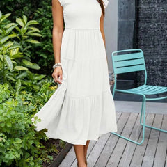 Women's Tiered Maxi Dress Cap Sleeve Tummy Control | Summer - White