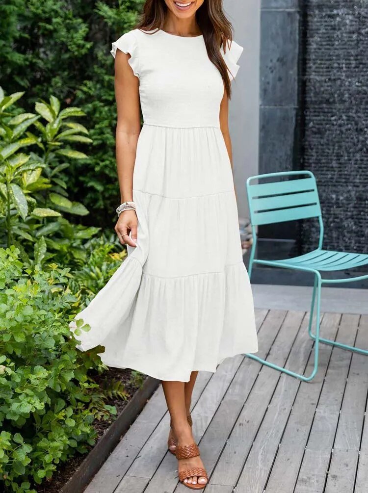 Women's Tiered Maxi Dress Cap Sleeve Tummy Control | Summer - White