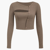 Women's Top | Long Sleeve | Asymmetrical | Cut-Out | Button Detail - Brown