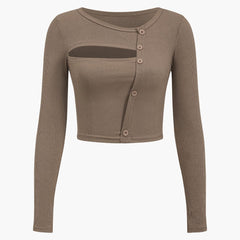 Women's Top | Long Sleeve | Asymmetrical | Cut-Out | Button Detail - Brown