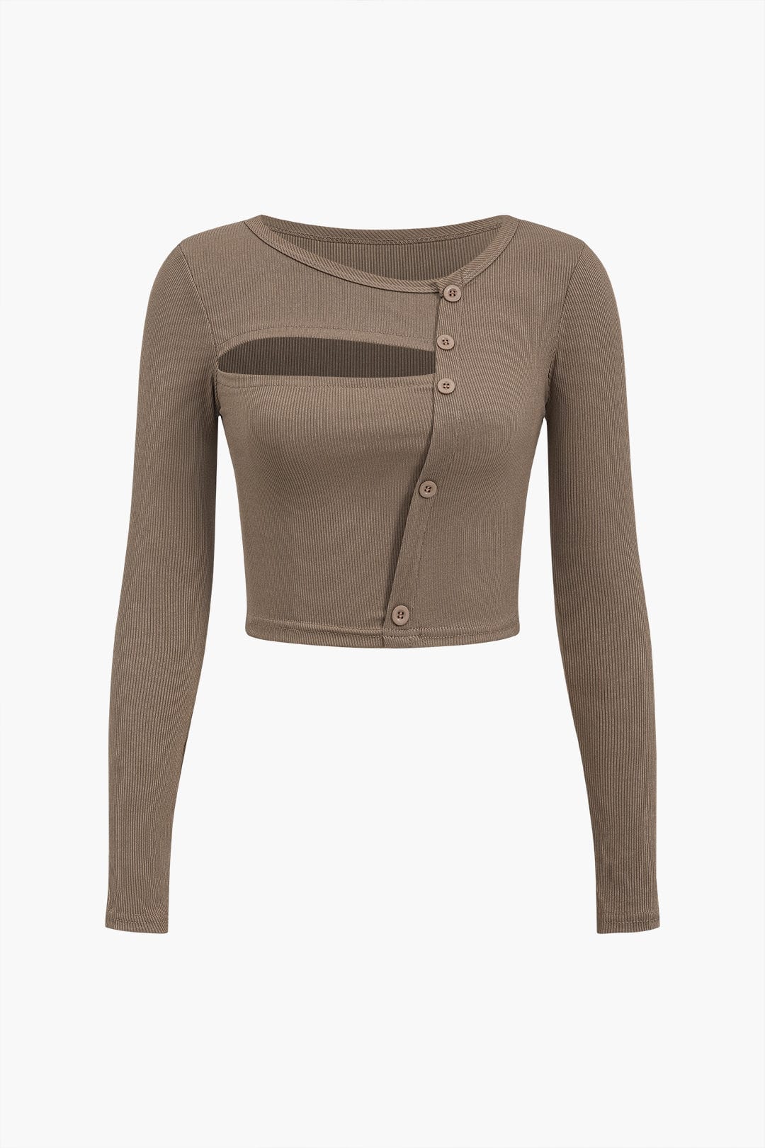 Women's Top | Long Sleeve | Asymmetrical | Cut-Out | Button Detail - Brown