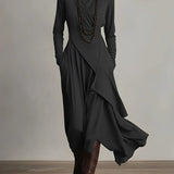 Women's Turtleneck Asymmetric Hem Draped Long Sleeve Dress | Autumn - Black