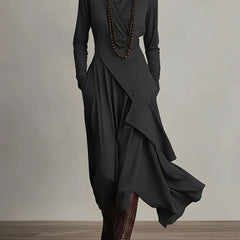 Women's Turtleneck Asymmetric Hem Draped Long Sleeve Dress | Autumn - Black