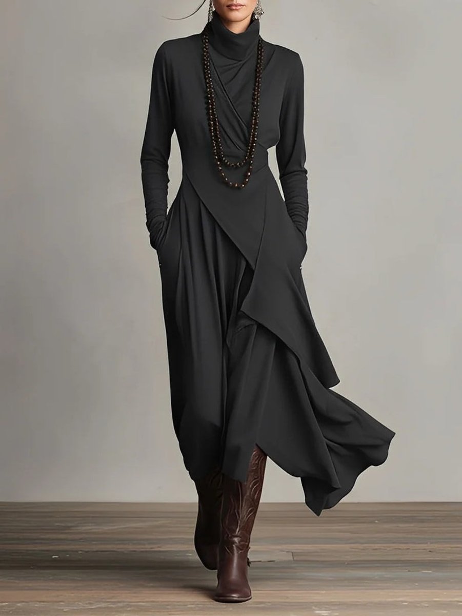 Women's Turtleneck Asymmetric Hem Draped Long Sleeve Dress | Autumn - Black