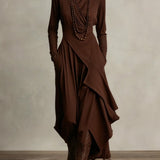 Women's Turtleneck Asymmetric Hem Draped Long Sleeve Dress | Autumn - Brown