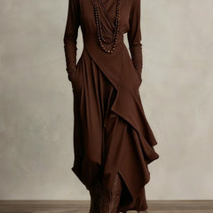 Women's Turtleneck Asymmetric Hem Draped Long Sleeve Dress | Autumn - Brown