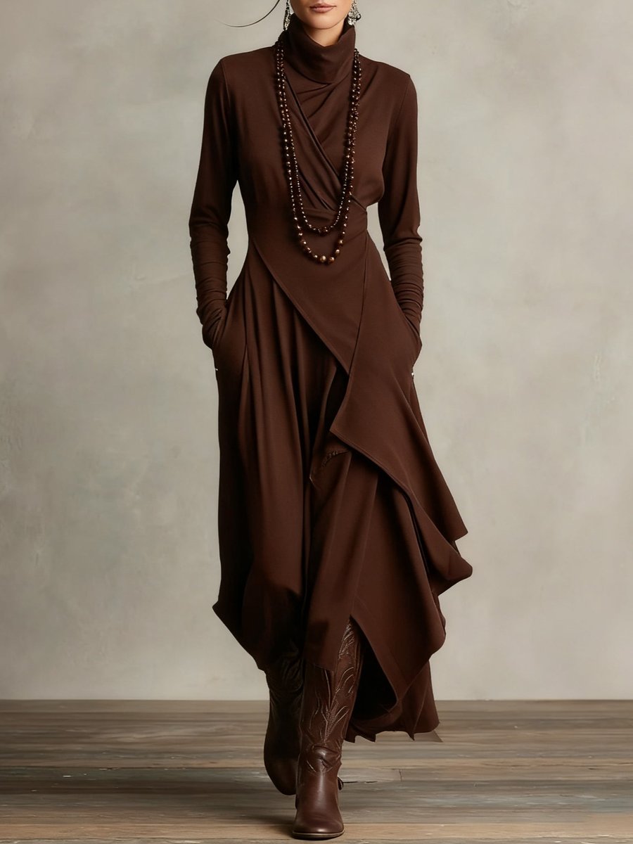 Women's Turtleneck Asymmetric Hem Draped Long Sleeve Dress | Autumn - Brown