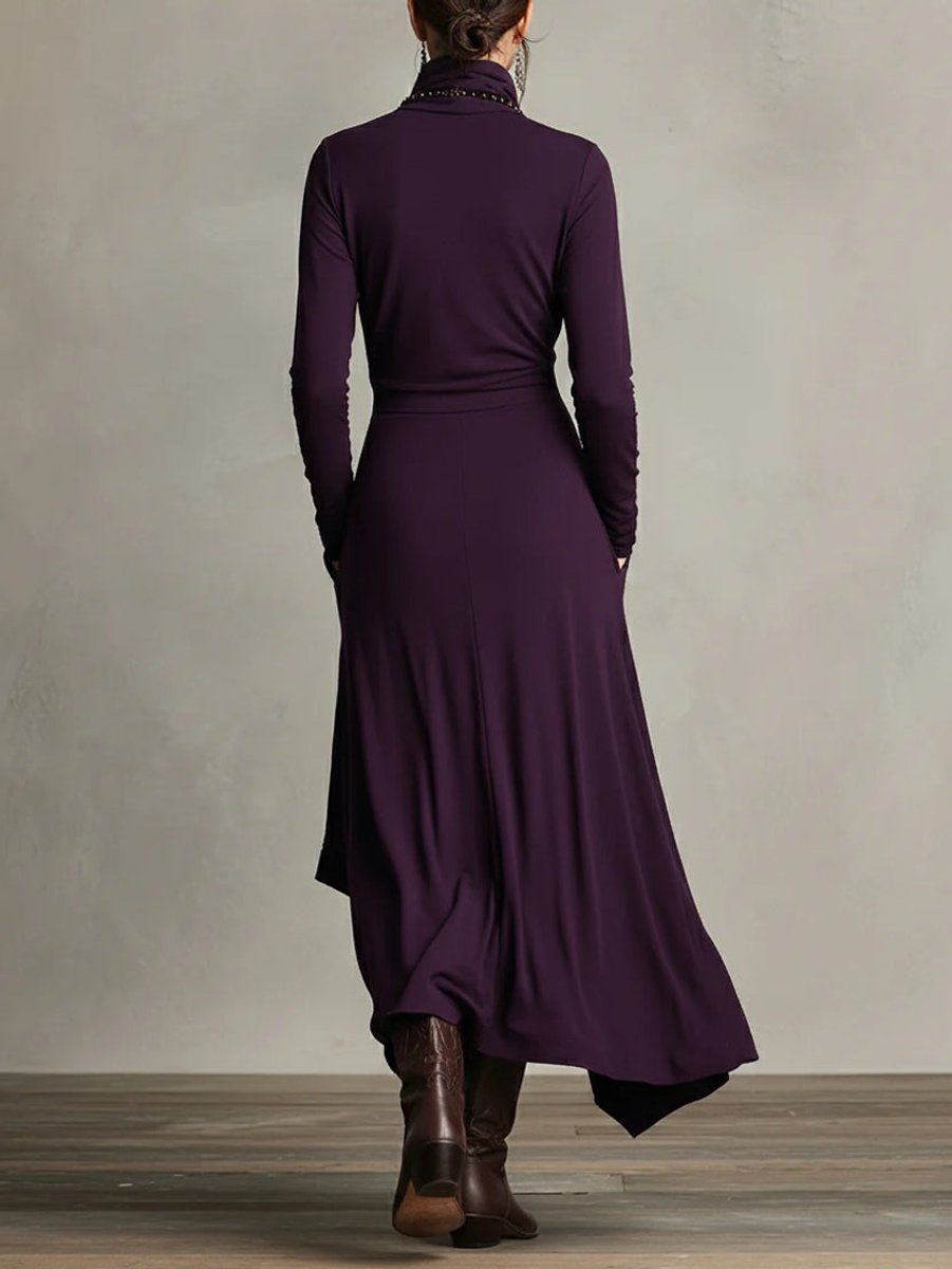 Women's Turtleneck Asymmetric Hem Draped Long Sleeve Dress | Autumn