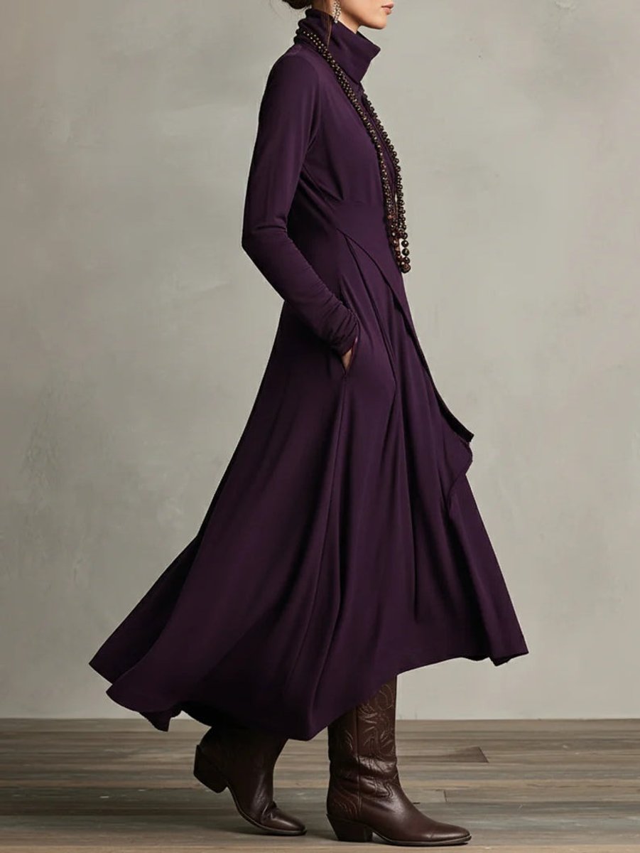 Women's Turtleneck Asymmetric Hem Draped Long Sleeve Dress | Autumn