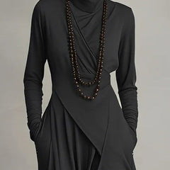 Women's Turtleneck Asymmetric Hem Draped Long Sleeve Dress | Autumn