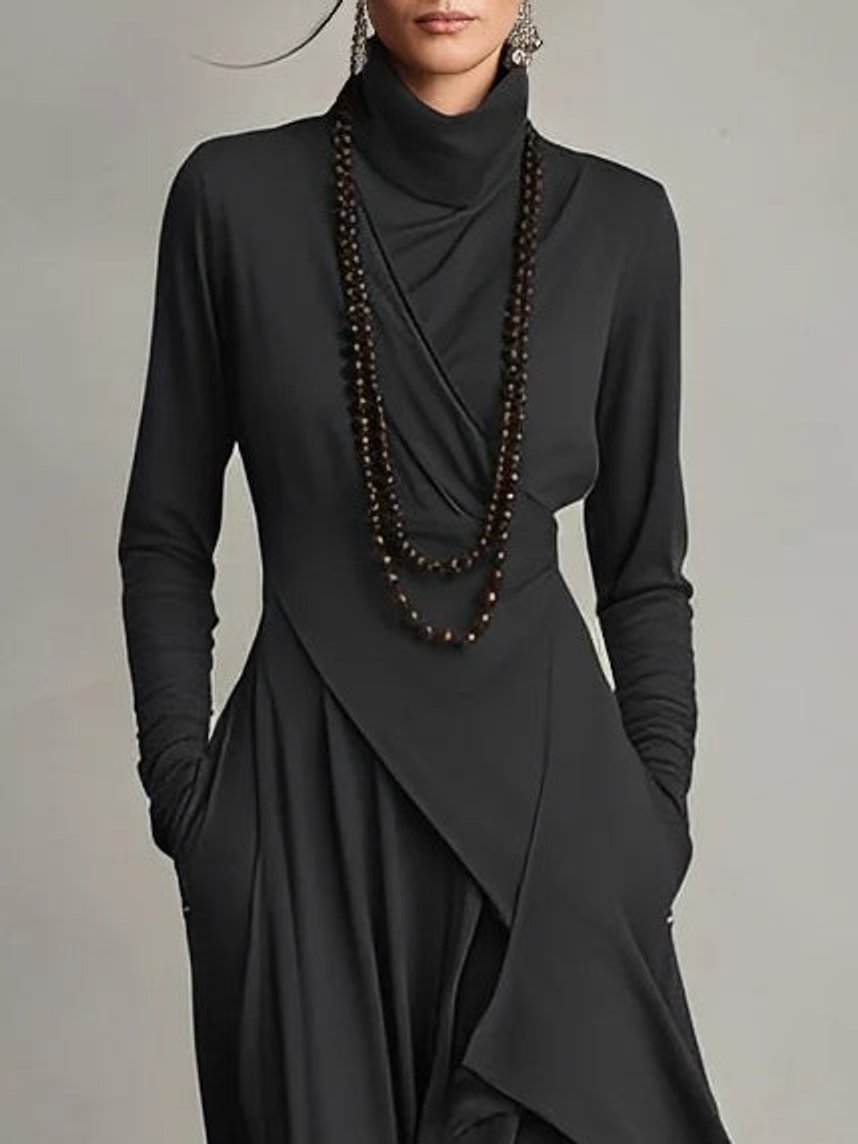 Women's Turtleneck Asymmetric Hem Draped Long Sleeve Dress | Autumn