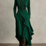 Women's Turtleneck Asymmetric Hem Draped Long Sleeve Dress | Autumn - Green