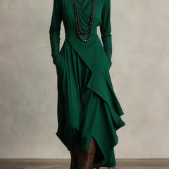 Women's Turtleneck Asymmetric Hem Draped Long Sleeve Dress | Autumn - Green