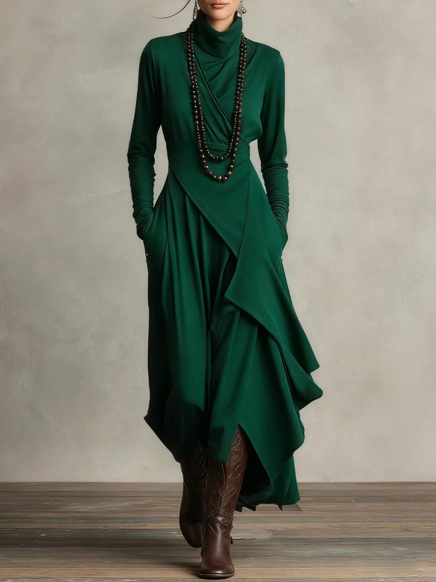 Women's Turtleneck Asymmetric Hem Draped Long Sleeve Dress | Autumn - Green