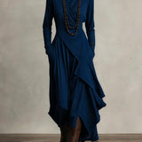 Women's Turtleneck Asymmetric Hem Draped Long Sleeve Dress | Autumn - Navy
