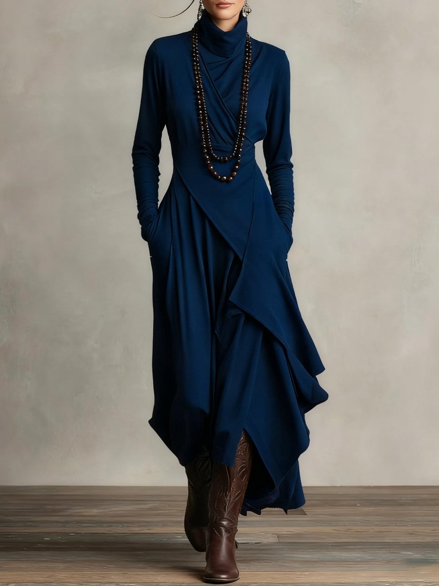 Women's Turtleneck Asymmetric Hem Draped Long Sleeve Dress | Autumn - Navy