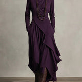Women's Turtleneck Asymmetric Hem Draped Long Sleeve Dress | Autumn - Purple