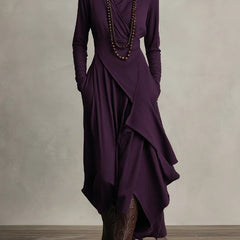 Women's Turtleneck Asymmetric Hem Draped Long Sleeve Dress | Autumn - Purple