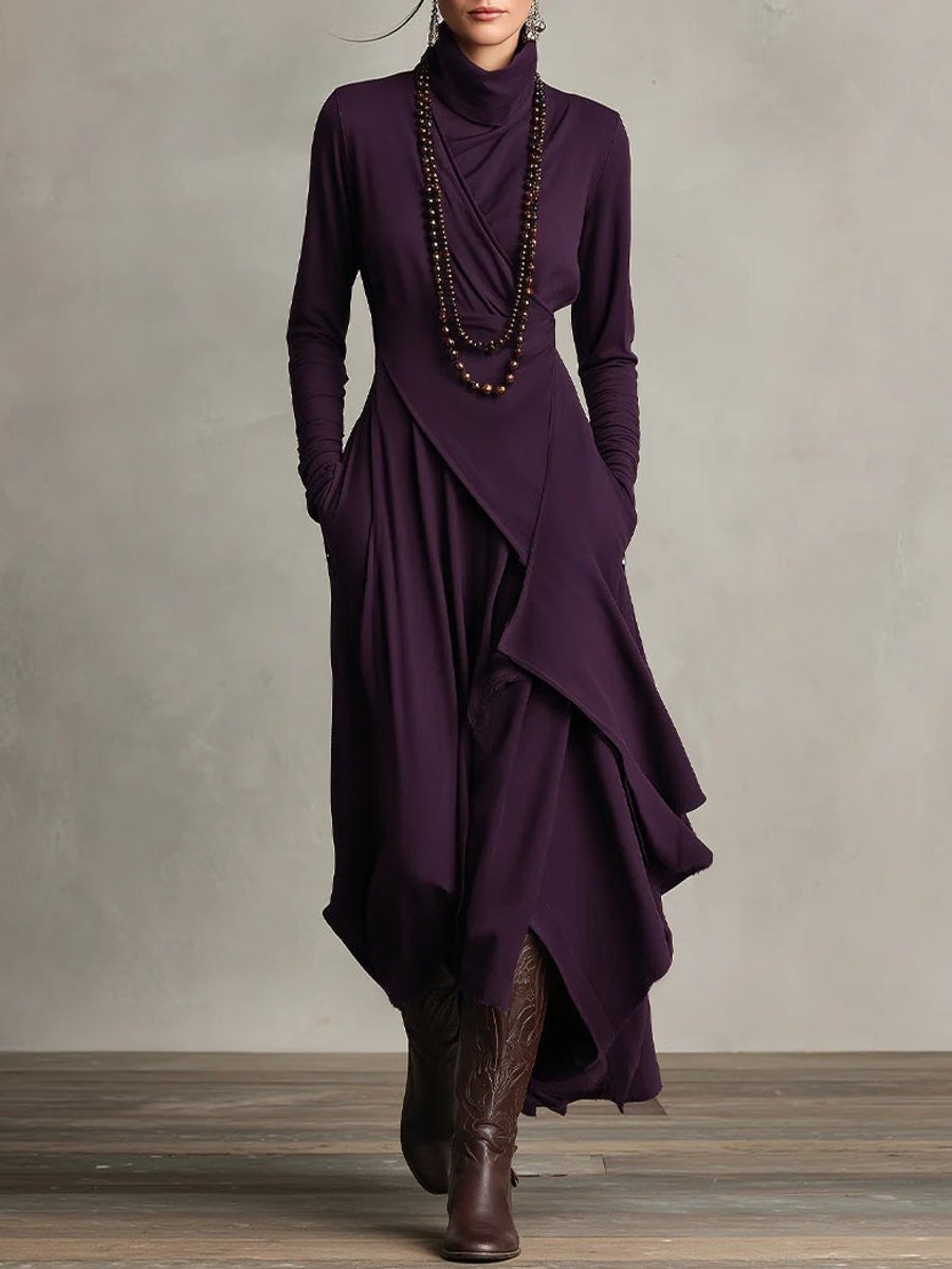 Women's Turtleneck Asymmetric Hem Draped Long Sleeve Dress | Autumn - Purple