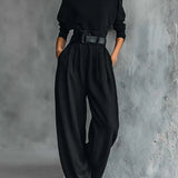 Women's Turtleneck Jumpsuit with Belt - Tailored Straight-Leg | Autumn - Black