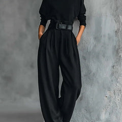 Women's Turtleneck Jumpsuit with Belt - Tailored Straight-Leg | Autumn - Black