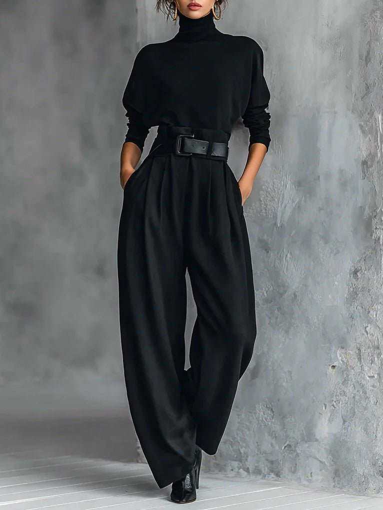 Women's Turtleneck Jumpsuit with Belt - Tailored Straight-Leg | Autumn - Black