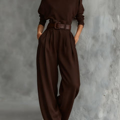 Women's Turtleneck Jumpsuit with Belt - Tailored Straight-Leg | Autumn - Brown