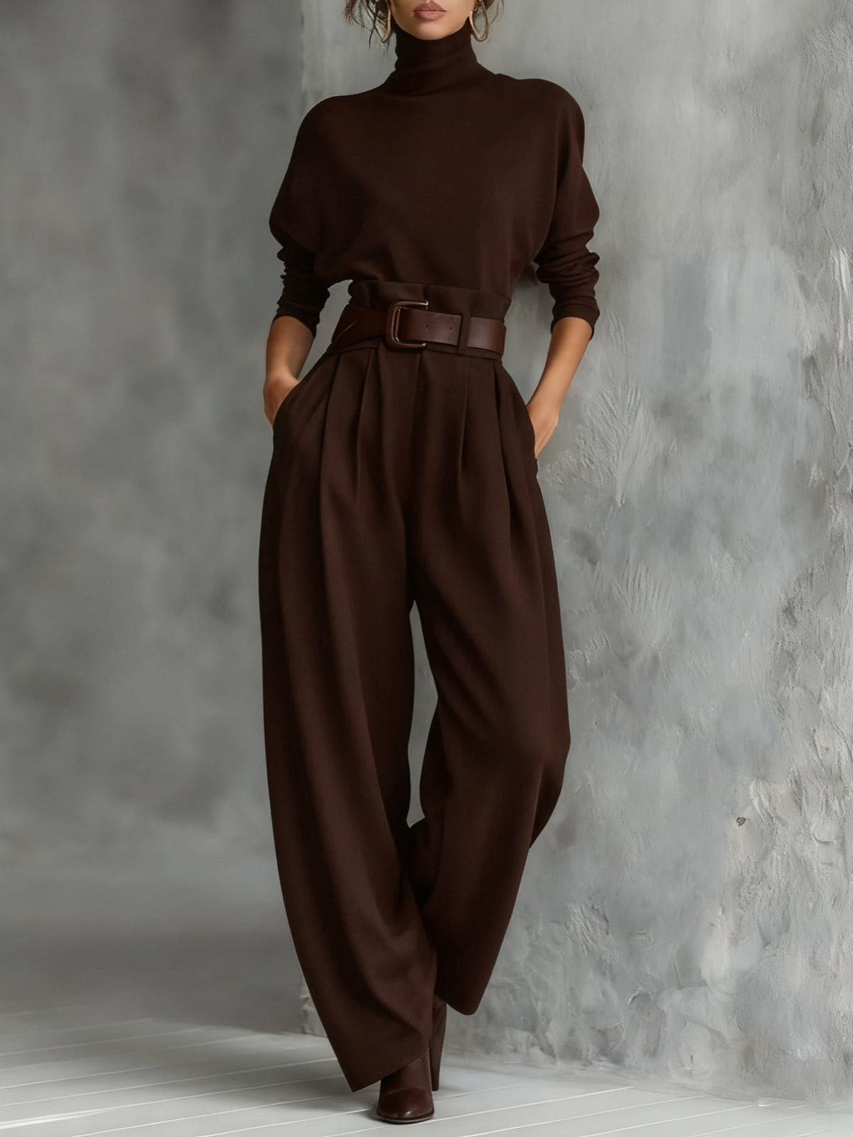 Women's Turtleneck Jumpsuit with Belt - Tailored Straight-Leg | Autumn - Brown