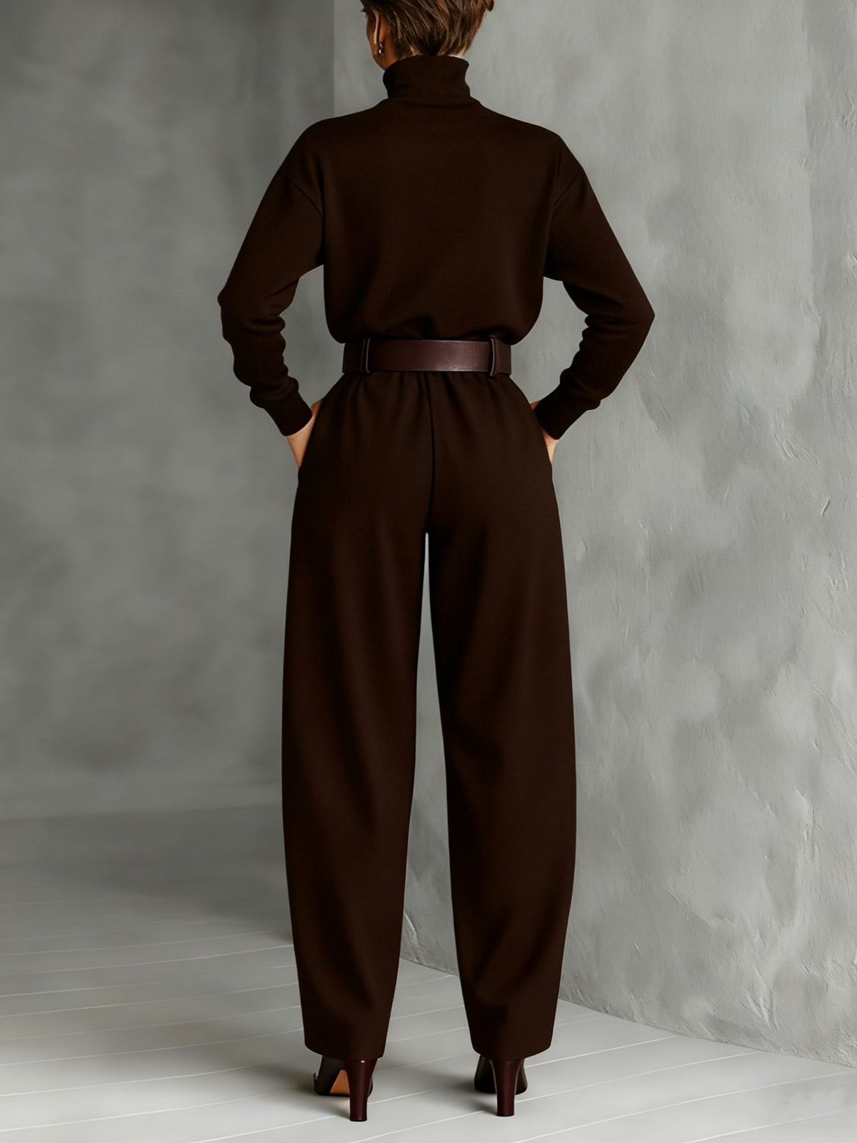 Women's Turtleneck Jumpsuit with Belt - Tailored Straight-Leg | Autumn