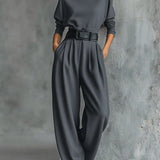 Women's Turtleneck Jumpsuit with Belt - Tailored Straight-Leg | Autumn - Grey