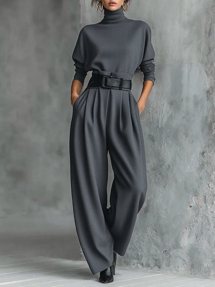 Women's Turtleneck Jumpsuit with Belt - Tailored Straight-Leg | Autumn - Grey