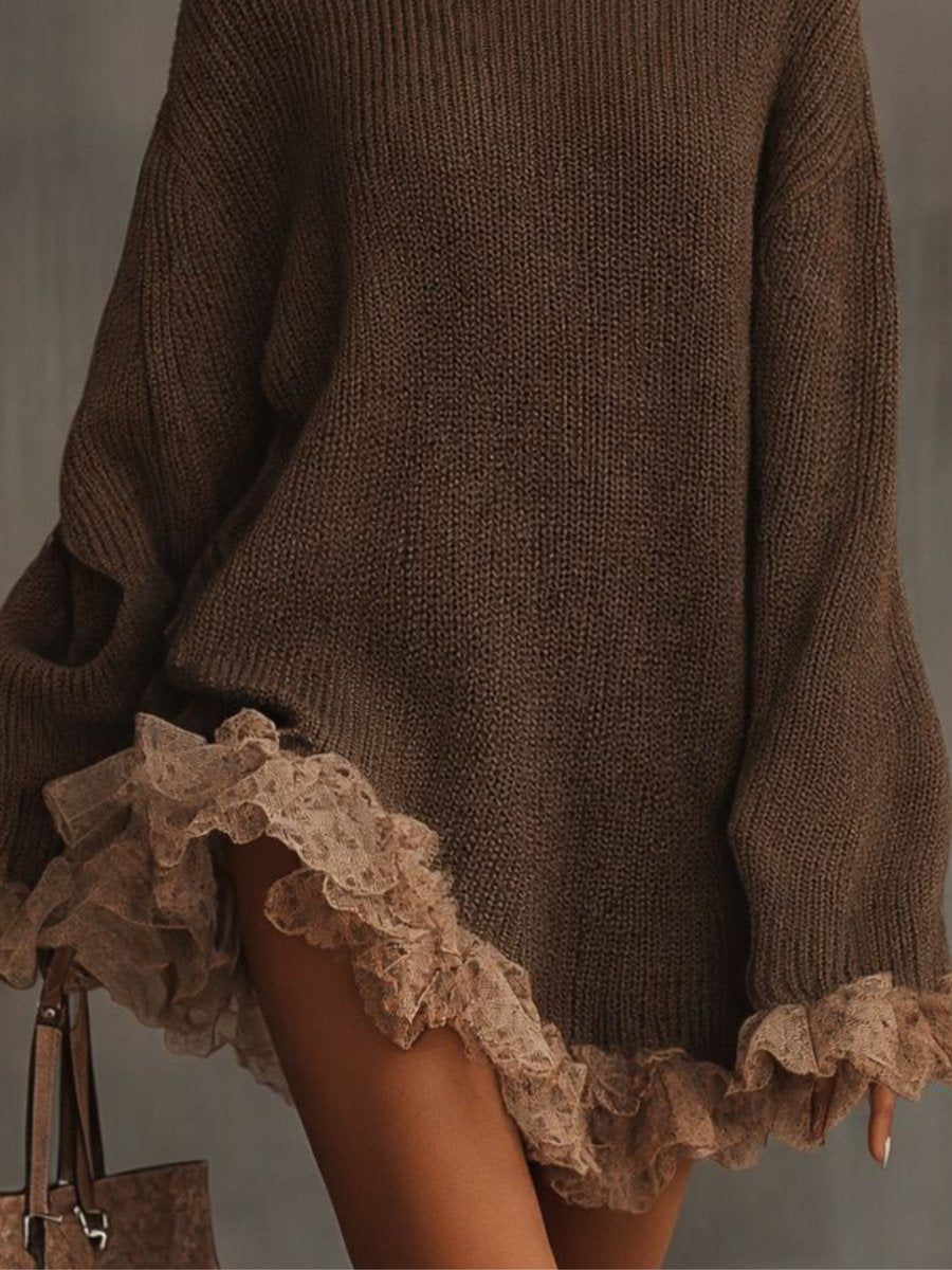 Women's Turtleneck Oversized Knit Lace-Hem Dress - Brown | Autumn
