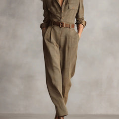 Women's Tweed Plaid Utility Jumpsuit - Tailored Elegance | Autumn - Brown