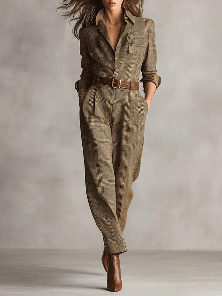 Women's Tweed Plaid Utility Jumpsuit - Tailored Elegance | Autumn - Brown