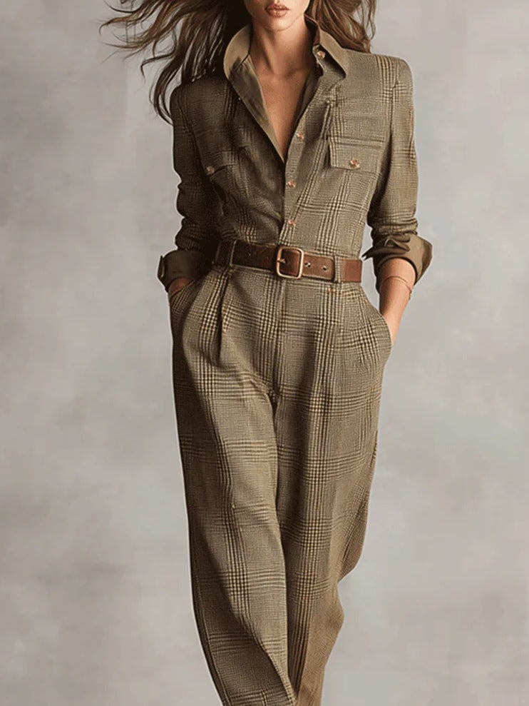 Women's Tweed Plaid Utility Jumpsuit - Tailored Elegance | Autumn
