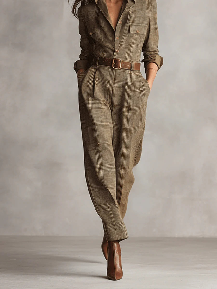 Women's Tweed Plaid Utility Jumpsuit - Tailored Elegance | Autumn