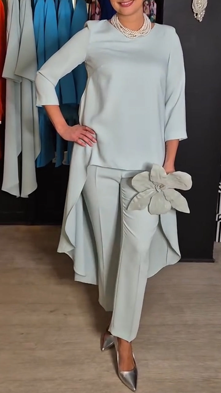 Women's Two-Piece Dress Set with Floral Detail - Light Blue | Spring - Light Blue