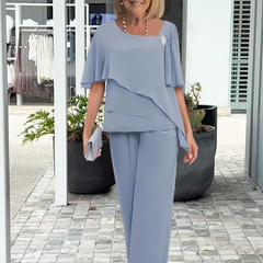 Women's Two Piece Elegant Pants Set - Flowing Summer Silhouette - Light Blue