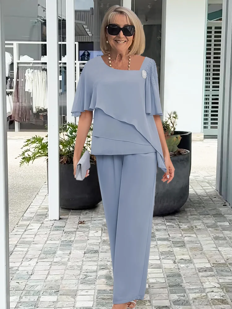 Women's Two Piece Elegant Pants Set - Flowing Summer Silhouette - Light Blue