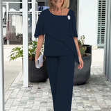 Women's Two Piece Elegant Pants Set - Flowing Summer Silhouette - Navy Blue
