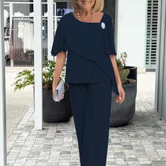 Women's Two Piece Elegant Pants Set - Flowing Summer Silhouette - Navy Blue