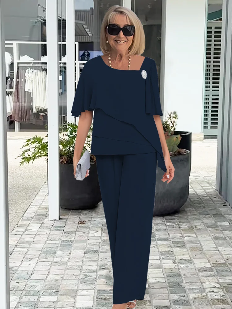 Women's Two Piece Elegant Pants Set - Flowing Summer Silhouette - Navy Blue