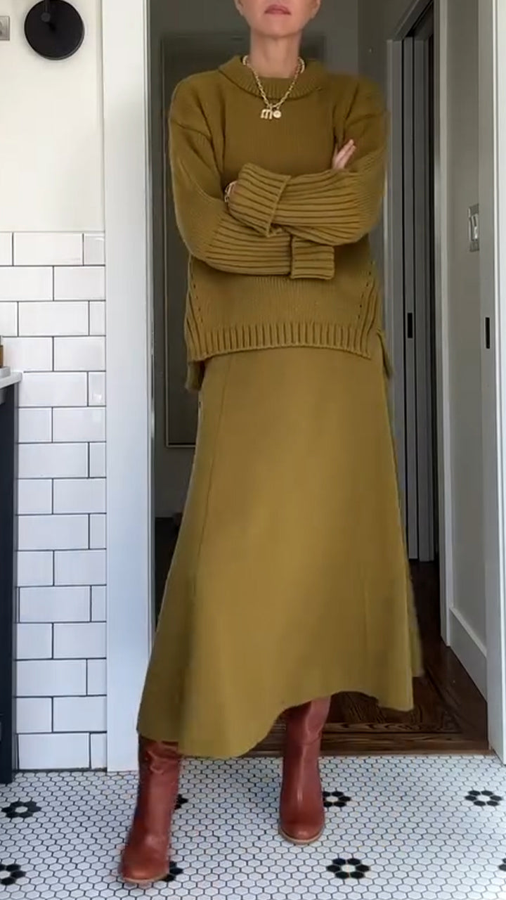 Women's Two Piece Maxi Set - Oversized Sweater & Flowing Skirt - Mustard