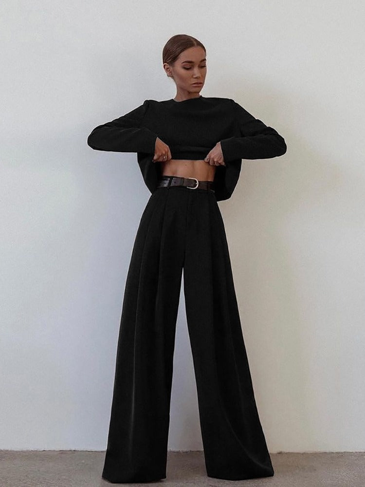 Women's Two-Piece Palazzo Suit - Elegant Blazer & Wide-Leg Pants - Black